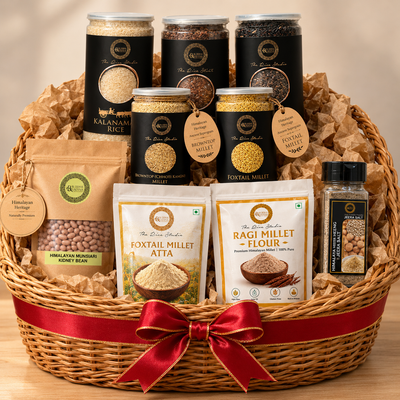 Buddha Ratana Premium Heritage Rice & Millet Combo | Kalanamak, Pokkali & Black Rice + Browntop & Foxtail Millet | Munsiyari Beans | Millet Flour & Heeng Jeera Salt | Premium Food Gift Set